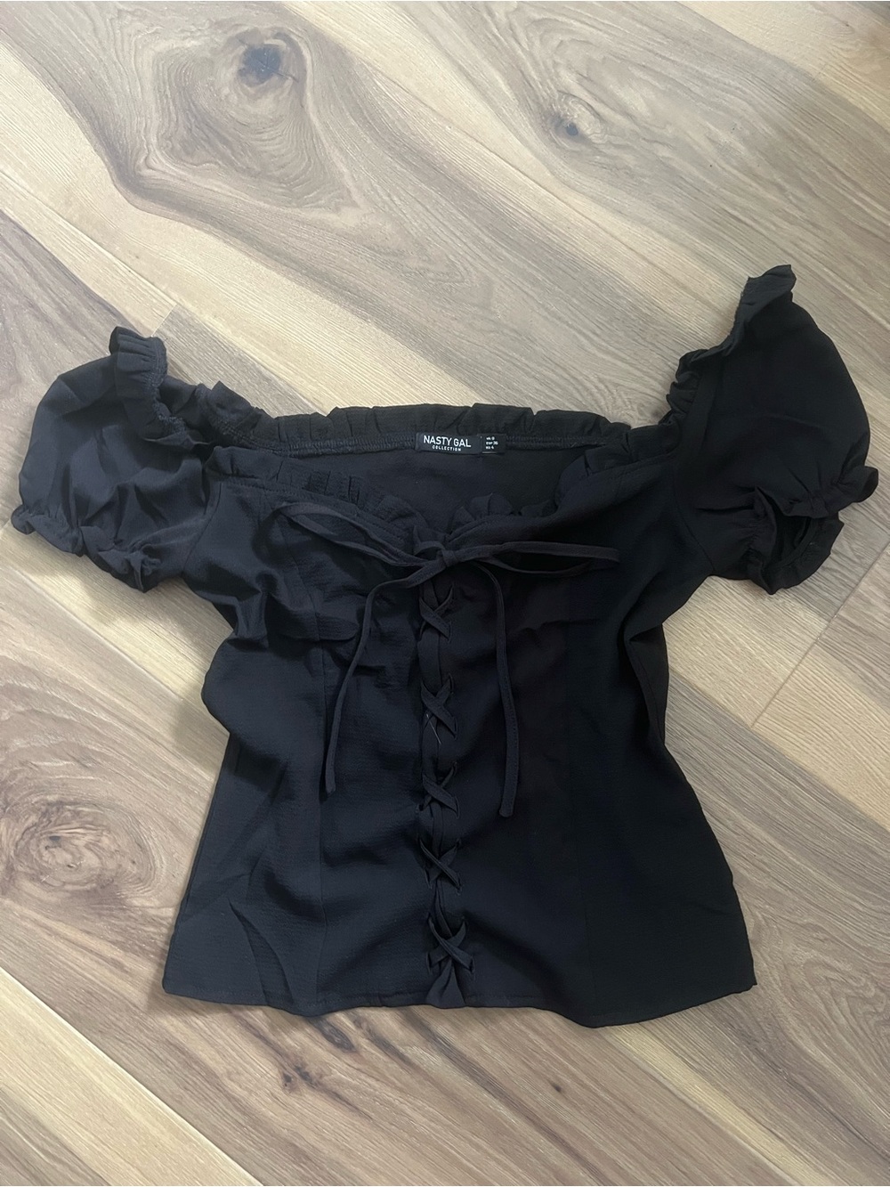 NASTY GAL Black Lace Up Front Off The Shoulder Crop Top